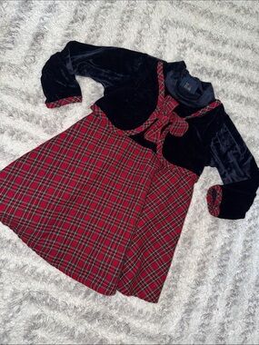 2/3T vintage 80s Girls Red/Navy Plaid Velvet Bow Dress